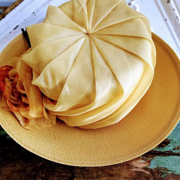 Vintage Mustard Big Flower Wide Brim Straw Hat main image 7